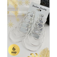 Набор серёжек 6 пар бижутерия кольца конго висячие Серебристые Fashion Jewelry 2,5 - 5 см (II) 20390