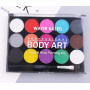 Набір для гриму 15 кольорів+ 2 пензлики аквагрим Body Art безпечний  на водній основі з маслом авокадо (II) 33945