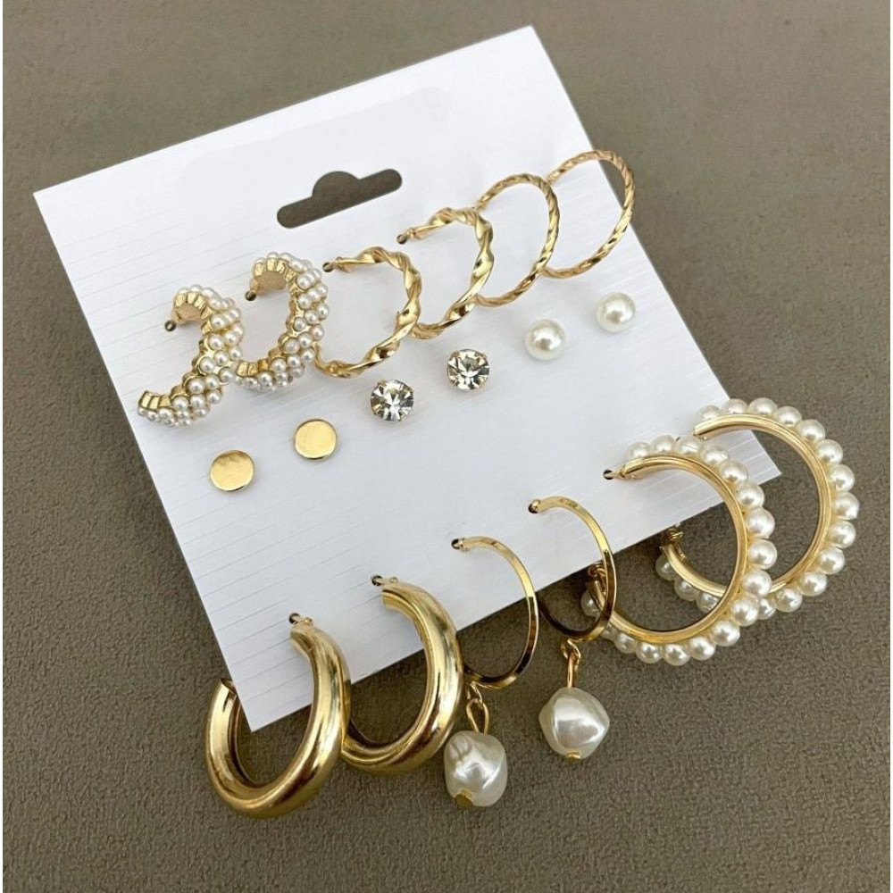 Набір сережок 9 пар біжутерія з перлами гвоздики Золотистий Fashion Jewelry (II) 18966