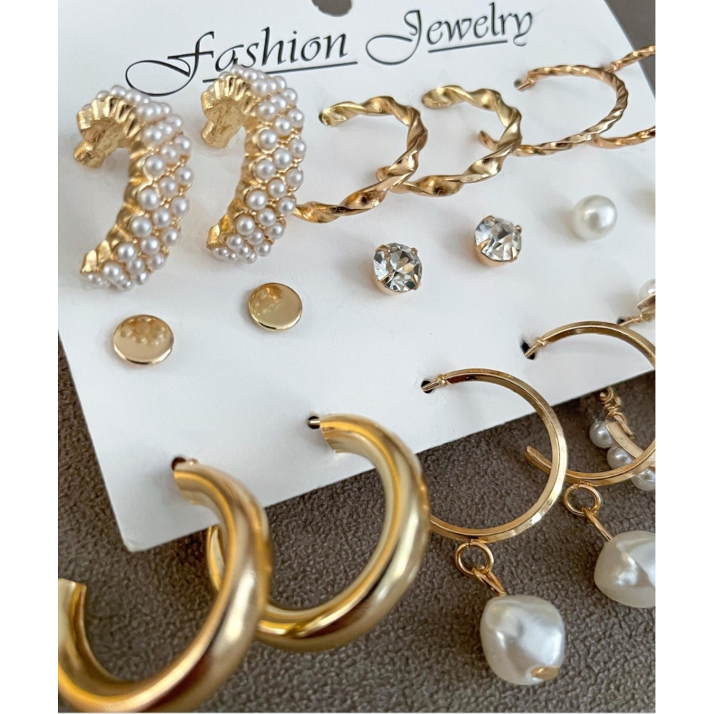 Набір сережок 9 пар біжутерія з перлами гвоздики Золотистий Fashion Jewelry (II) 18966