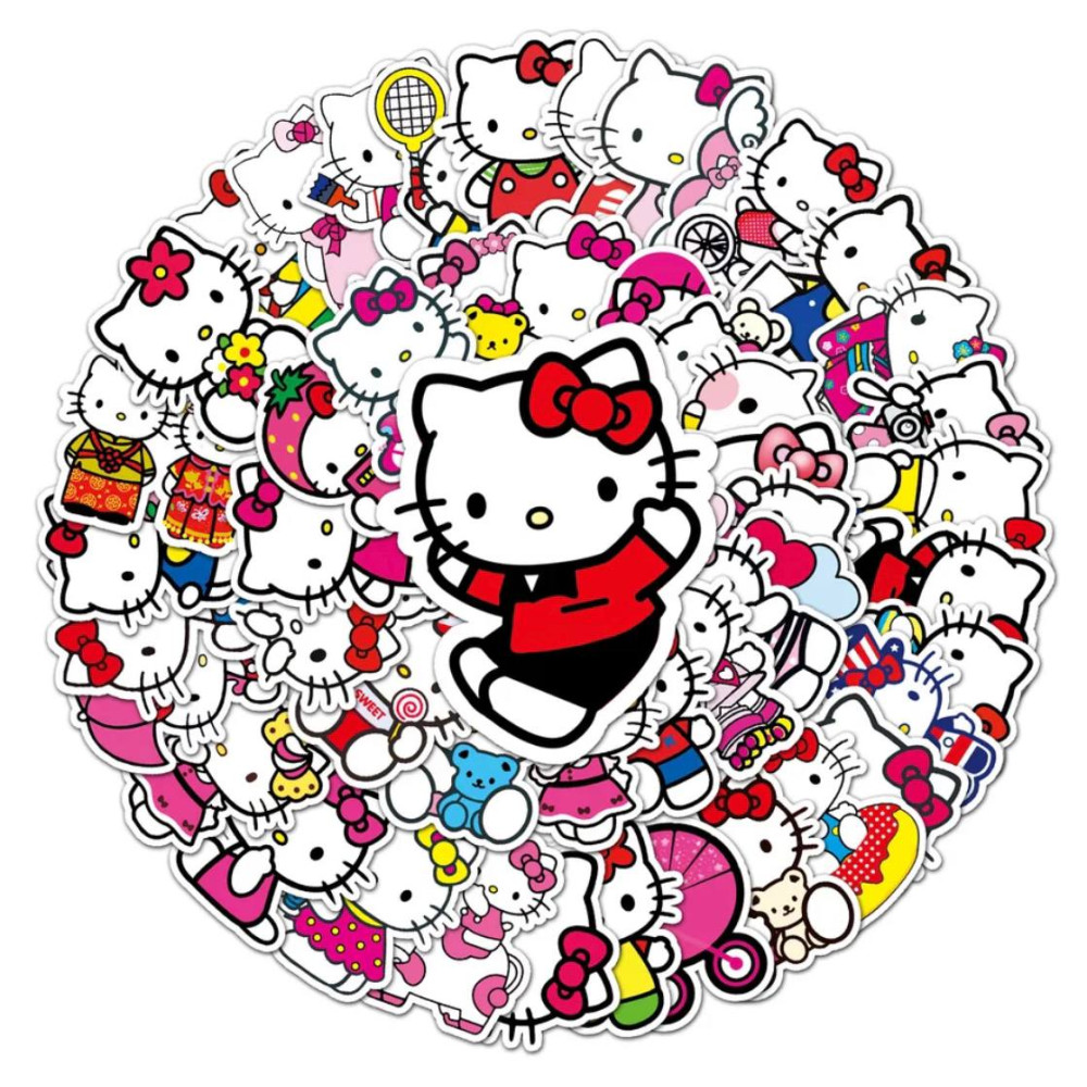 Наклейки багаторазові водовідштовхувальні наклейки Hello Kitty, куромі аніме -50шт Хелло Кітті стікербомбінг генішен імпакт на авто телефон ноутбук стіну