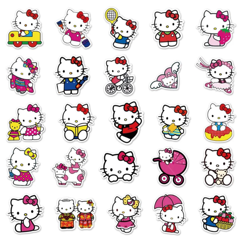 Наклейки багаторазові водовідштовхувальні наклейки Hello Kitty, куромі аніме -50шт Хелло Кітті стікербомбінг генішен імпакт на авто телефон ноутбук стіну
