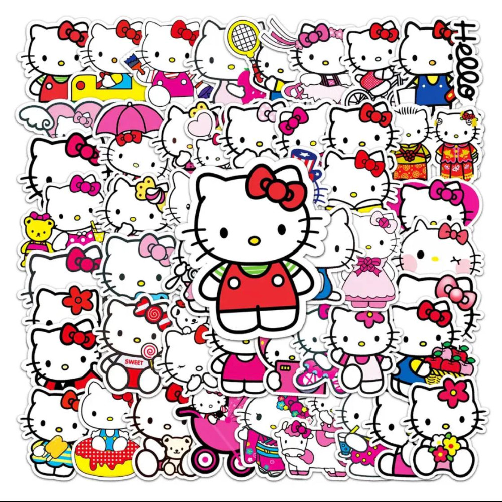 Наклейки багаторазові водовідштовхувальні наклейки Hello Kitty, куромі аніме -50шт Хелло Кітті стікербомбінг генішен імпакт на авто телефон ноутбук стіну