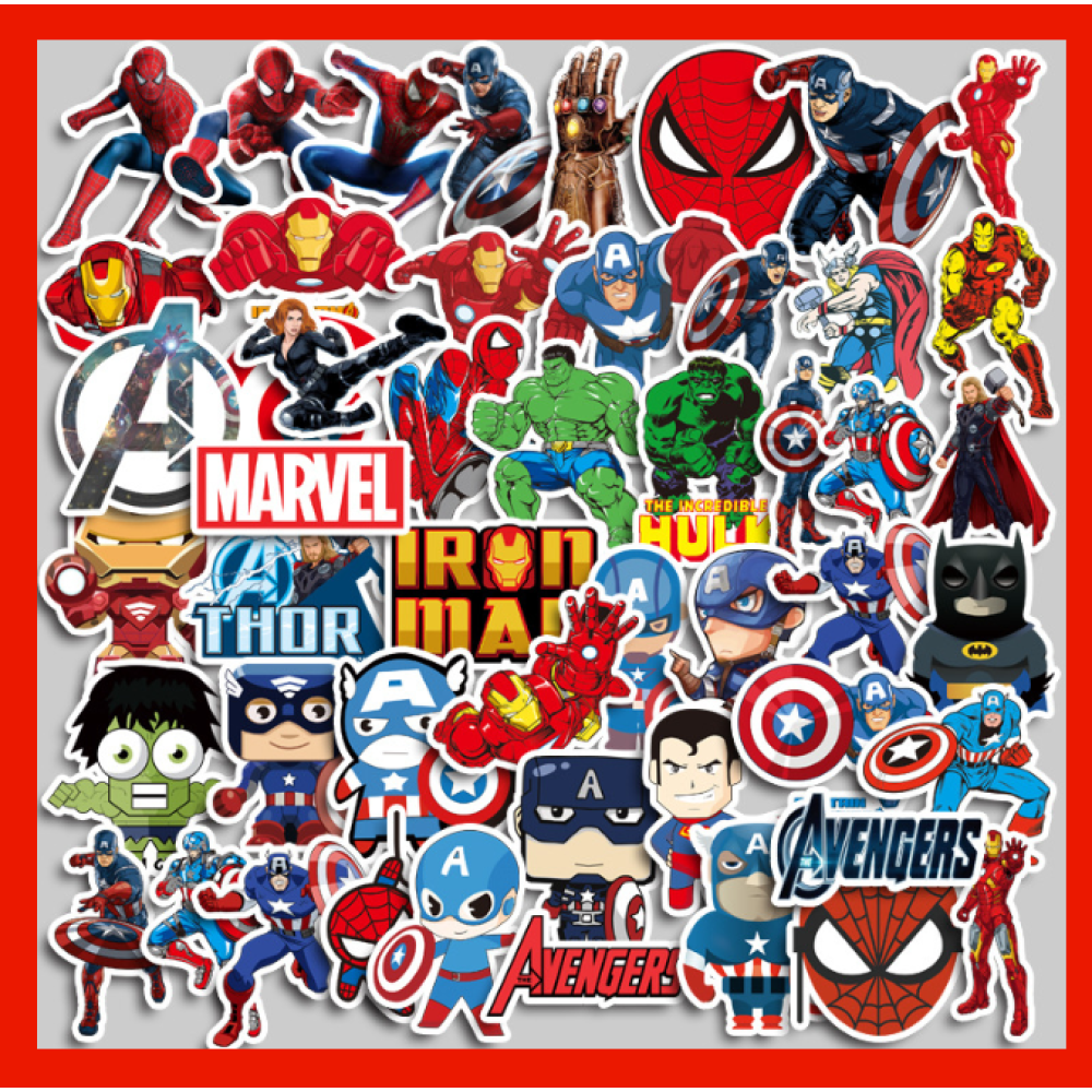 Набор наклеек виниловых многоразовых водоотталкивающих KUBISTICKERS MARVEL (Марвел) супергерои 50 шт - стикербомбинг на авто телефон ноутбук стену самокат на гаджеты Водостойкие стикеры для оклеивания(AN)20375