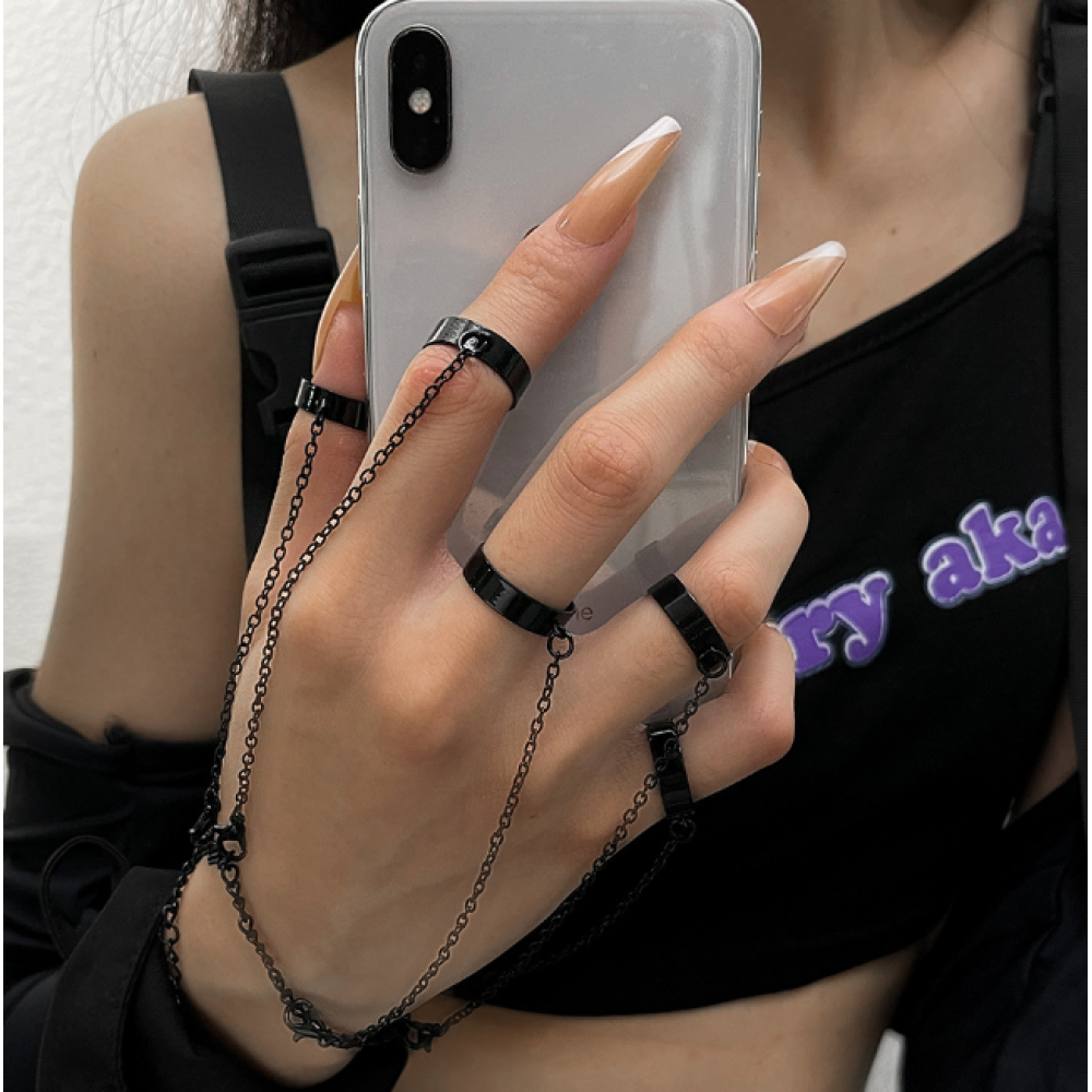 Набор колец с цепочкой на 5 пальцев в стиле панк черный Fashion Jewelry (AN)26381