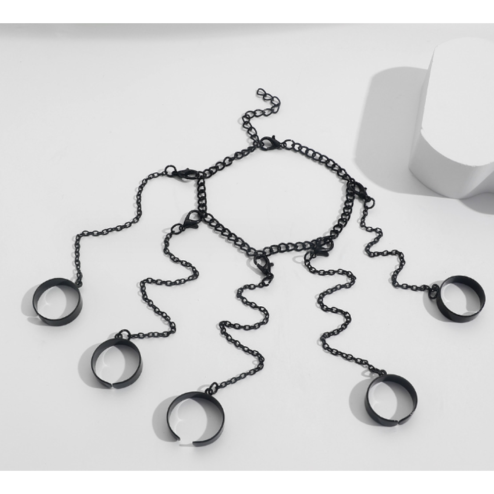 Набор колец с цепочкой на 5 пальцев в стиле панк черный Fashion Jewelry (AN)26381