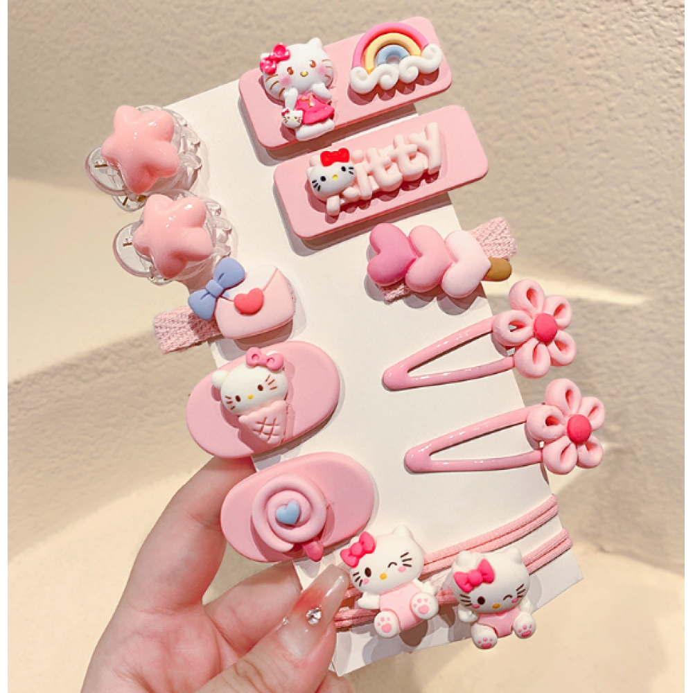 Набор детских мультяшных заколок зажимов для волос для девочки Hello Kitty Хелло Китти 12шт розовый (AN)31429
